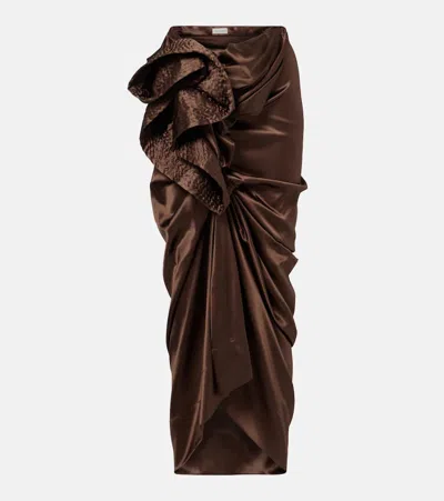 Dries Van Noten Draped Silk-blend Satin Midi Skirt In Brown