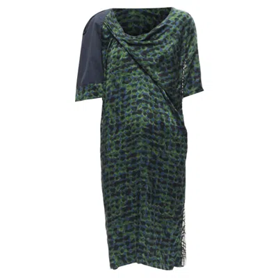 Dries Van Noten Draped Silk Contrast Short Sleeve Dress In Green