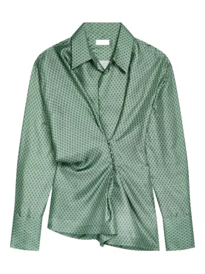 Dries Van Noten Draped Silk Geometric Blouse In Green
