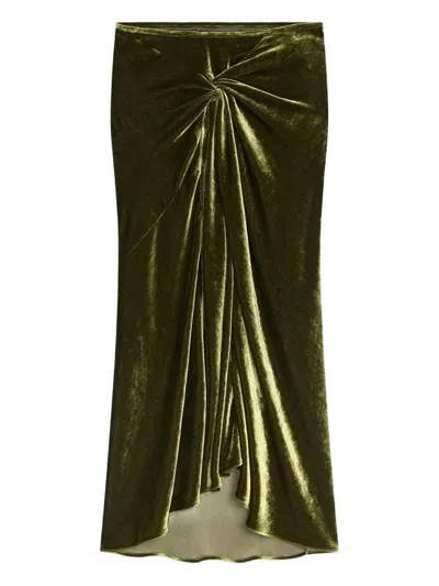 Dries Van Noten Draped Velvet Midi Skirt In Green