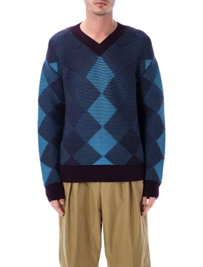Dries Van Noten Argyle V Neck Knit Sweater Geometric In Blue