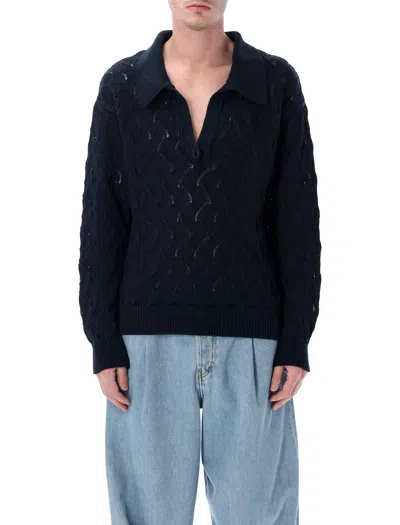 Dries Van Noten Lace Stitch Polo Sweater In Blue