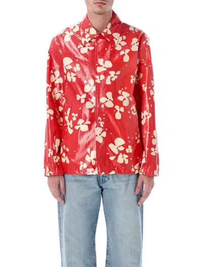 Dries Van Noten Printed Coated Cotton Shirt Jacket In Red