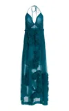 Dries Van Noten Drina Rose-embellished Chiffon Maxi Dress In Blue
