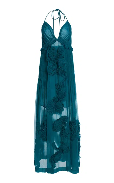 Dries Van Noten Drina Rose-embellished Chiffon Maxi Dress In Blue
