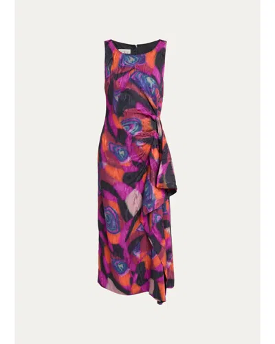 Dries Van Noten Dropps Sleeveless Ruched Ruffle Midi Dress In Animal Print