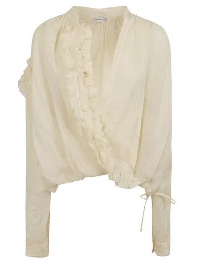 Dries Van Noten Elegant Crossover Blouse With Ruffle Sleeves In White