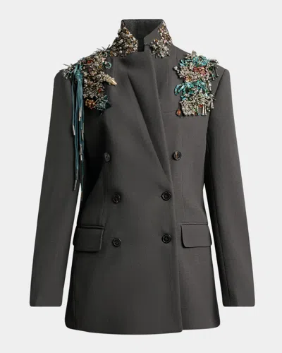 Dries Van Noten Embellished Double-breasted Blazer In Gray