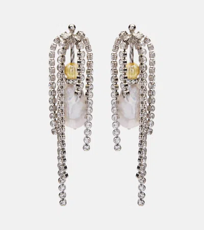 Dries Van Noten Silver Pearl Embellished Dangler Earrings
