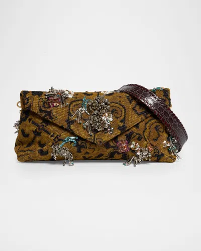 Dries Van Noten Embellished Jacquard Flap Shoulder Bag In Brown