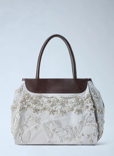 Dries Van Noten Embellished Leather-trim Handbag In Light Grey