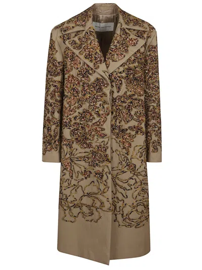 Dries Van Noten Knee-length Embroidered Cotton Coat In Beige