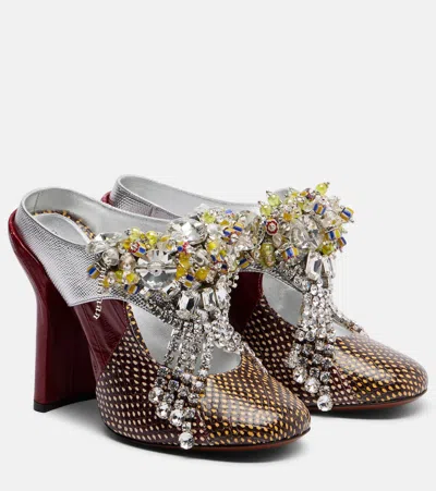 Dries Van Noten Embellished Patchwork Leather Mules In Burgundy