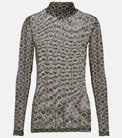 Dries Van Noten Embellished Printed Sheer Jersey Top In Green