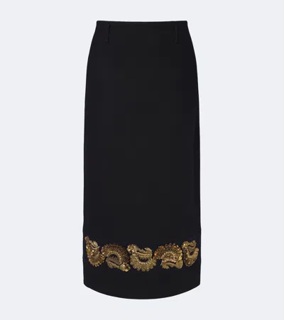 Dries Van Noten Embellished Wool-blend Twill Midi Skirt In Black