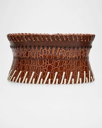 Dries Van Noten Embossed Leather Corset Belt In Brown