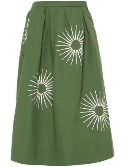 Dries Van Noten Embroidered Cotton Midi Skirt In Green