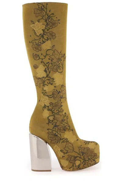 Dries Van Noten Embroidered Jacquard Block Heel Boots In Yellow
