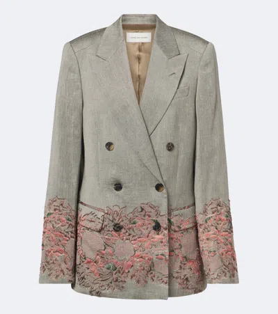 Dries Van Noten Embroidered Linen And Cotton-blend Blazer In Gray