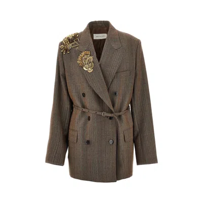 Dries Van Noten Embroidered Oversized Double-breasted Jacket In Brown
