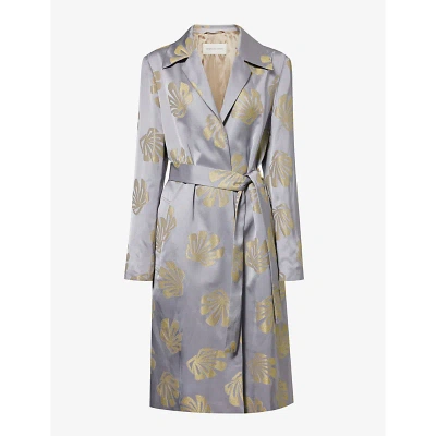 Dries Van Noten Womens Silver Embroidered-pattern Notched-lapel Belted Woven Coat