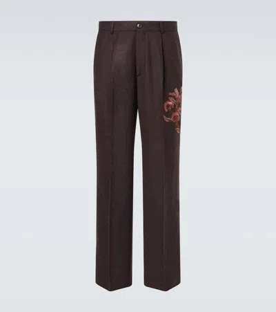 Dries Van Noten Embroidered Wool Wide-leg Pants In Brown