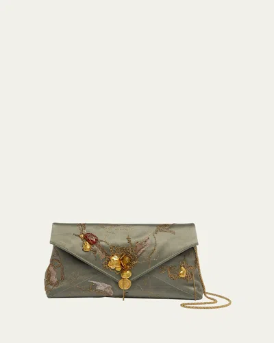 Dries Van Noten Embellished Embroidered Satin Clutch In 601 Light Green