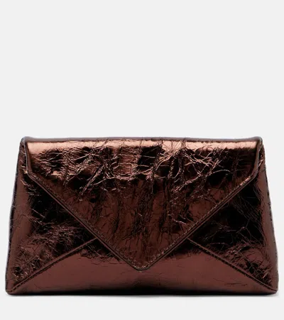 Dries Van Noten Envelope Small Metallic Leather Clutch In Brown