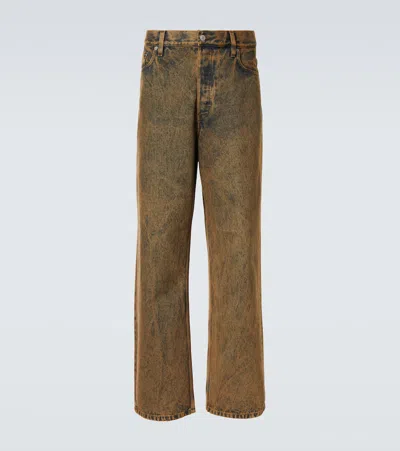 Dries Van Noten "pine" Wide Leg Distressed Finish Jeans In Beige