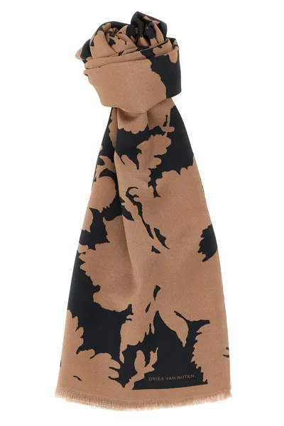 Dries Van Noten Rectangular Floral Scarf Fringed Edges In Multi