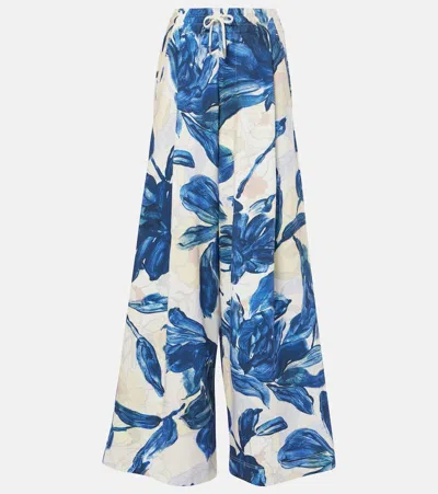 Dries Van Noten Floral Cotton Jersey Wide-leg Sweatpants In Blue