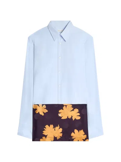 Dries Van Noten Block Pattern Floral Print Long Sleeve Shirt In Blue