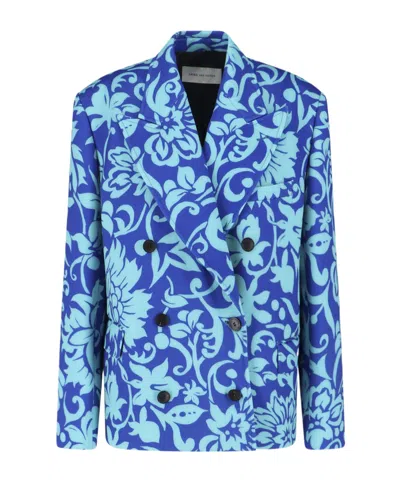 Dries Van Noten Floral Double-breasted Blazer In Blue