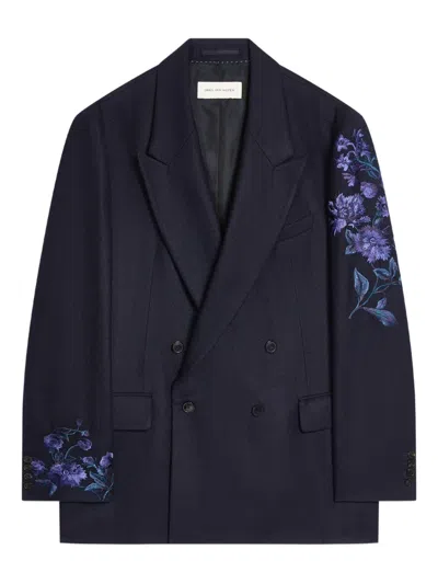 Dries Van Noten Floral-embroidered Double-breasted Blazer In Blue