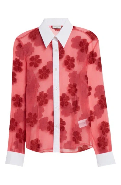 Dries Van Noten Floral Embroidered Sheer Button-up Shirt In Pink 5