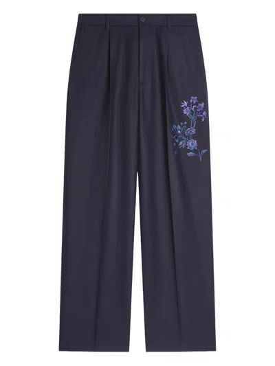 Dries Van Noten Floral-embroidered Wool Trousers In Blue