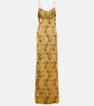 Dries Van Noten Gathered Floral-brocade Gown In Yellow