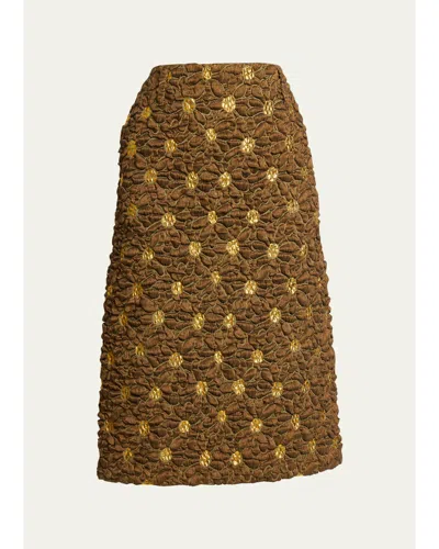 Dries Van Noten Floral Jacquard Linen-blend Midi Skirt In Brown