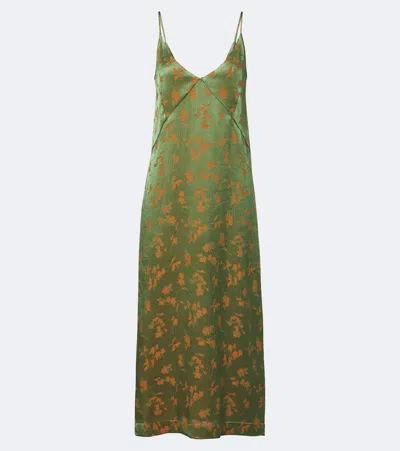 Dries Van Noten Floral Jacquard Satin Slip Dress In Green