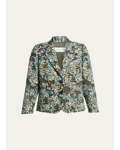 Dries Van Noten Floral Jacquard Single-breasted Shrunken Jacket In Green