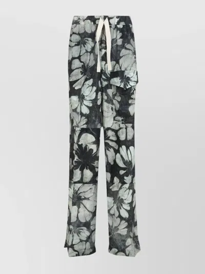 Dries Van Noten Floral Pattern Silk Trousers With Wide Leg In Grey