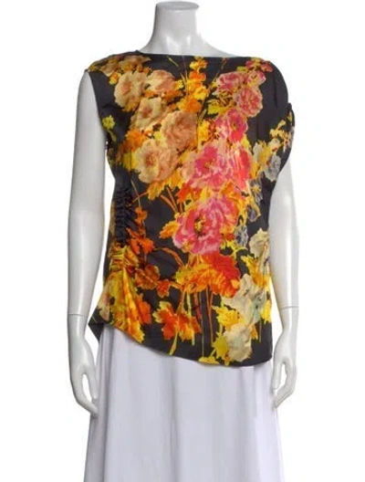 Pre-owned Dries Van Noten Floral Print Bateau Neckline Blouse In Black