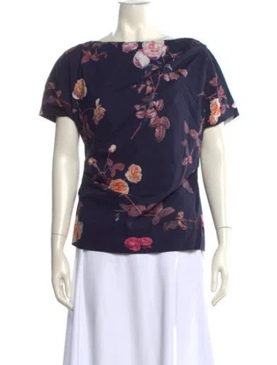 Pre-owned Dries Van Noten Floral Print Bateau Neckline Blouse In Blue