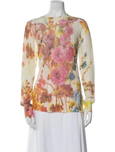 Pre-owned Dries Van Noten Floral Print Bateau Neckline Blouse In Blue