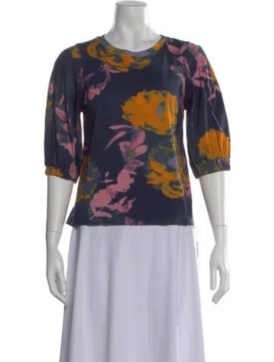 Pre-owned Dries Van Noten Floral Print Crew Neck Top In Blue