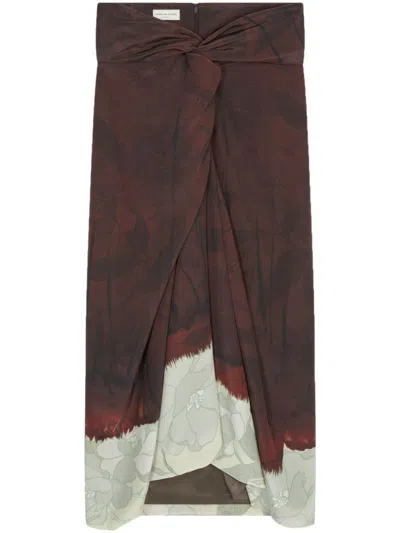 Dries Van Noten Draped Front Wrap Skirt With Floral Hem In Brown