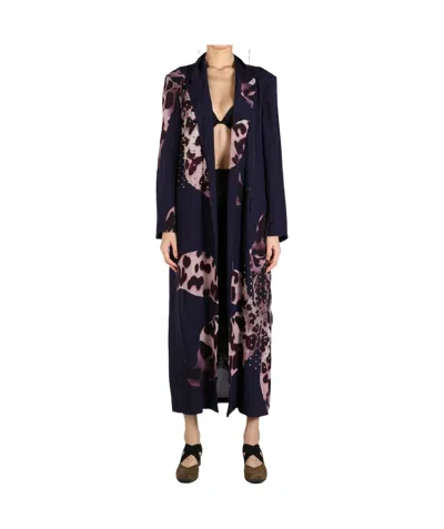 Dries Van Noten Floral Print Embellished Coat In Navy