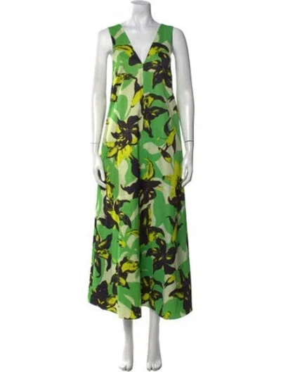 Pre-owned Dries Van Noten Floral Print Long Dress In Green