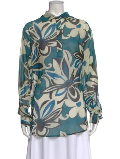 Pre-owned Dries Van Noten Floral Print Long Sleeve Blouse In Blue