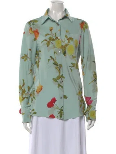 Pre-owned Dries Van Noten Floral Print Long Sleeve Blouse In Blue